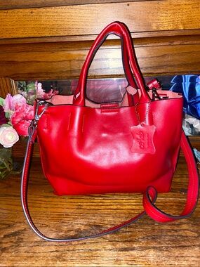 Colab Leather Red Hand Bag With Crossbody Strap